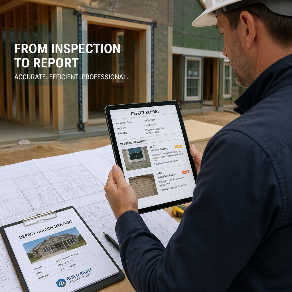 Inspector reviewing digital defect report with photo documentation at new home construction site