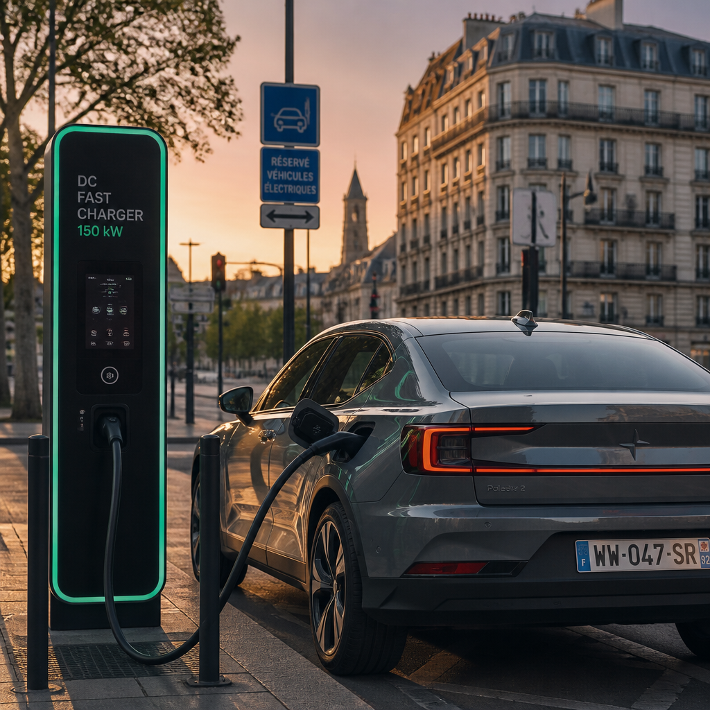 Estación de carga rápida de vehículos eléctricos en entorno urbano europeo