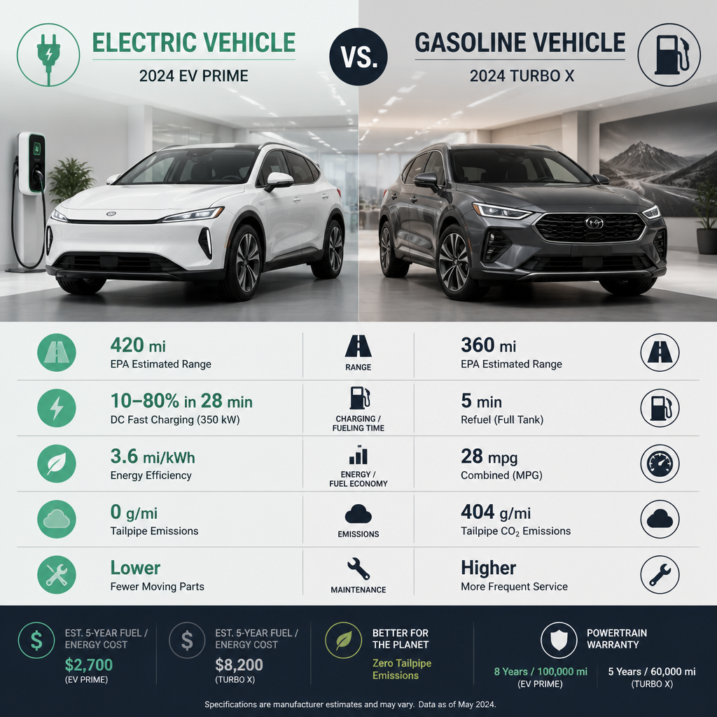Comparativa visual entre vehículo eléctrico y vehículo de gasolina en configuración de análisis