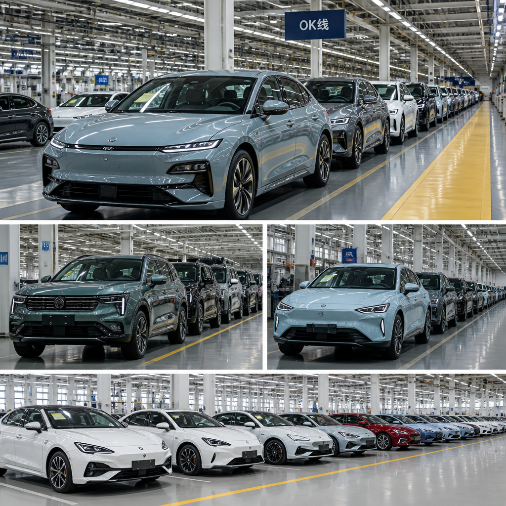 Chinese automotive manufacturing facility with new passenger cars and EVs lined up for export