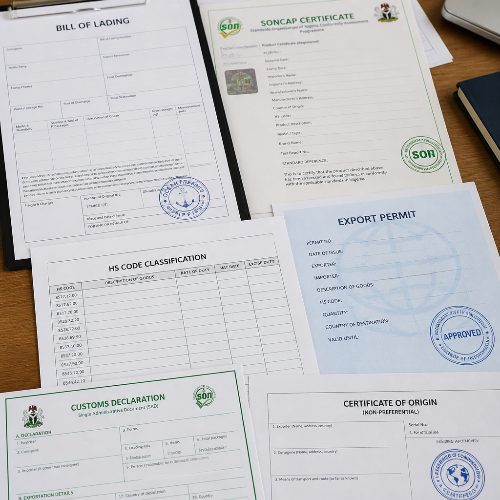 Export vehicle documents including SONCAP certificates and customs paperwork