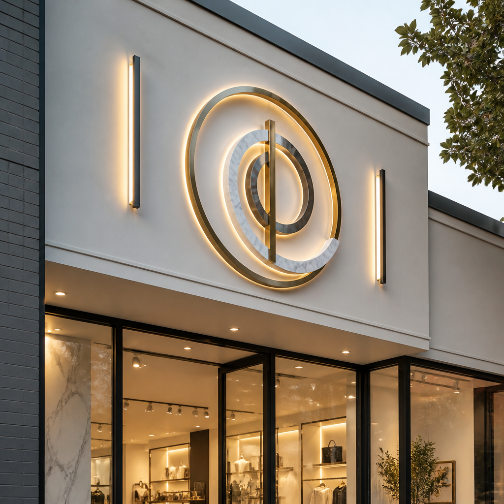 Retail storefront with professionally installed 3D fabricated dimensional signage and LED lighting