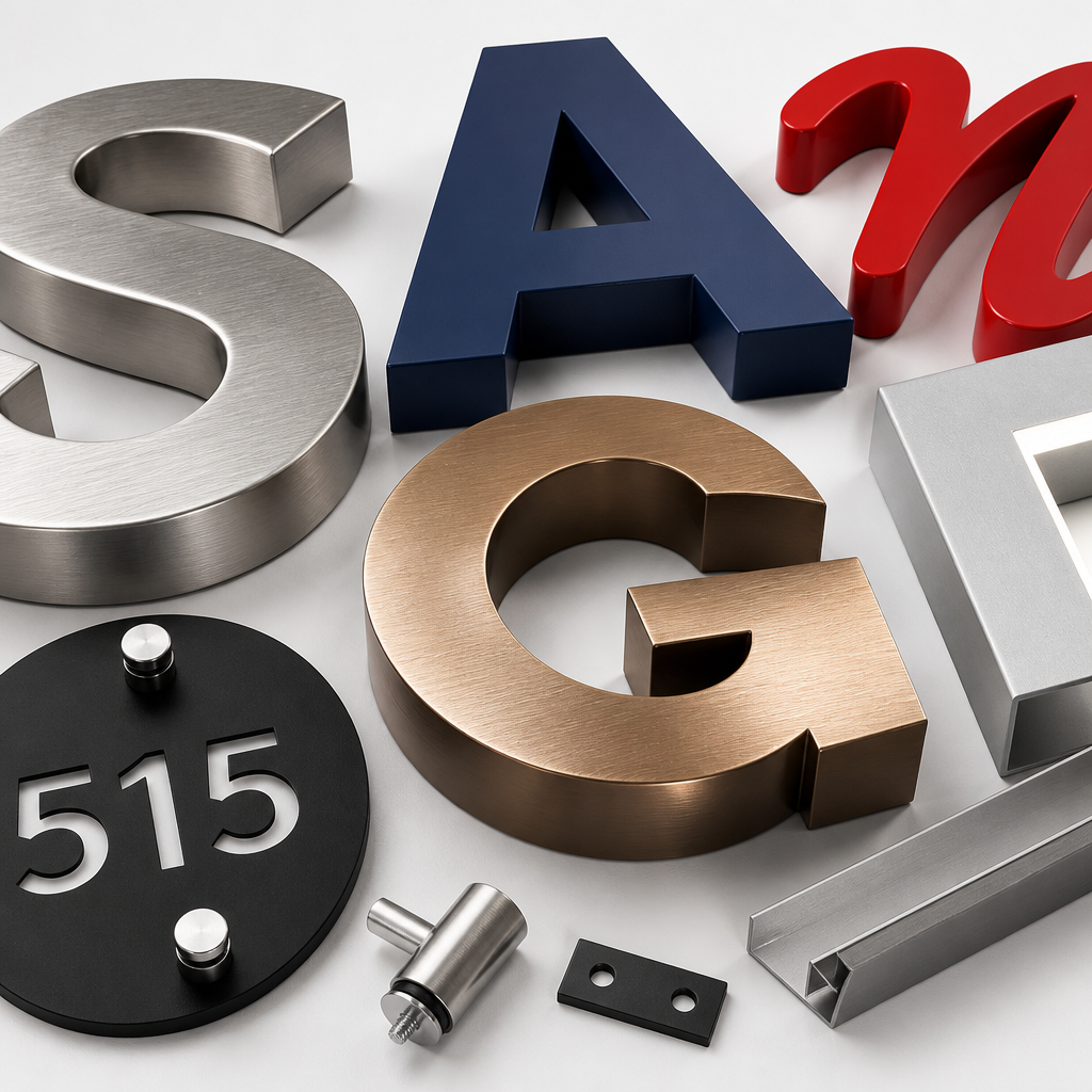 Detail of 3D fabricated sign materials showing dimensional letters, metal finishes, and light reflection