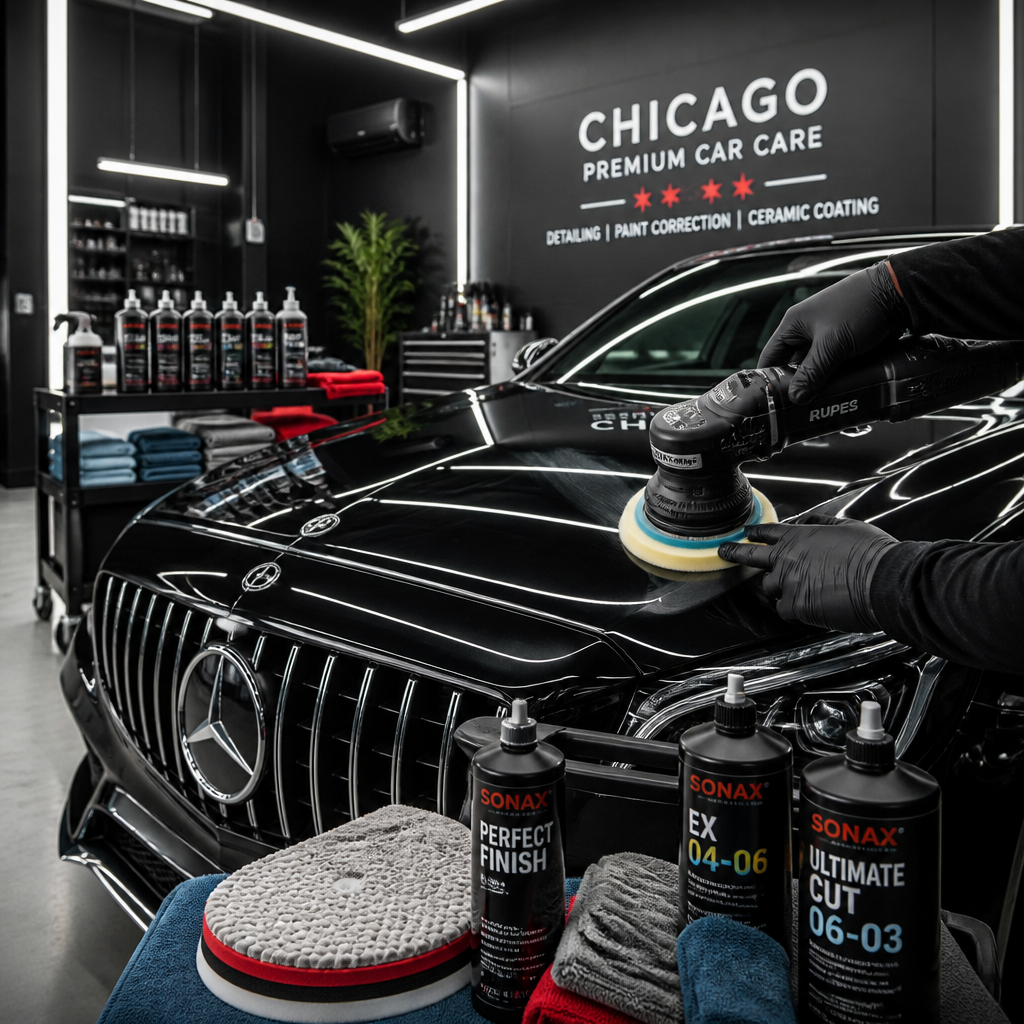 Professional detailing technician using machine polishing equipment on a luxury vehicle's exterior paint