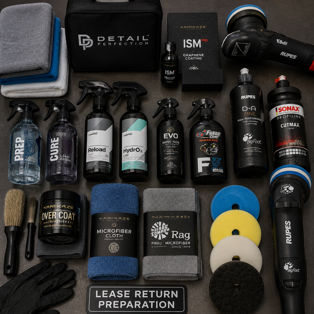 Array of professional automotive detailing products and equipment for premium car maintenance