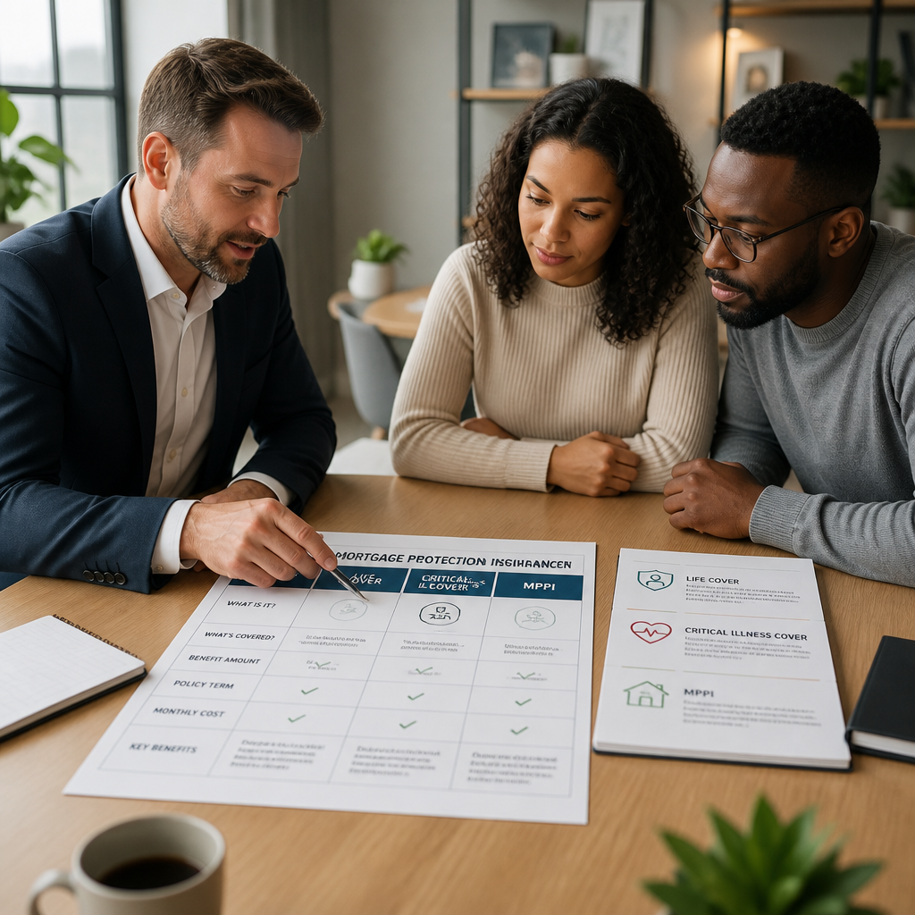 Mortgage protection insurance advisor explaining coverage options to clients in an office
