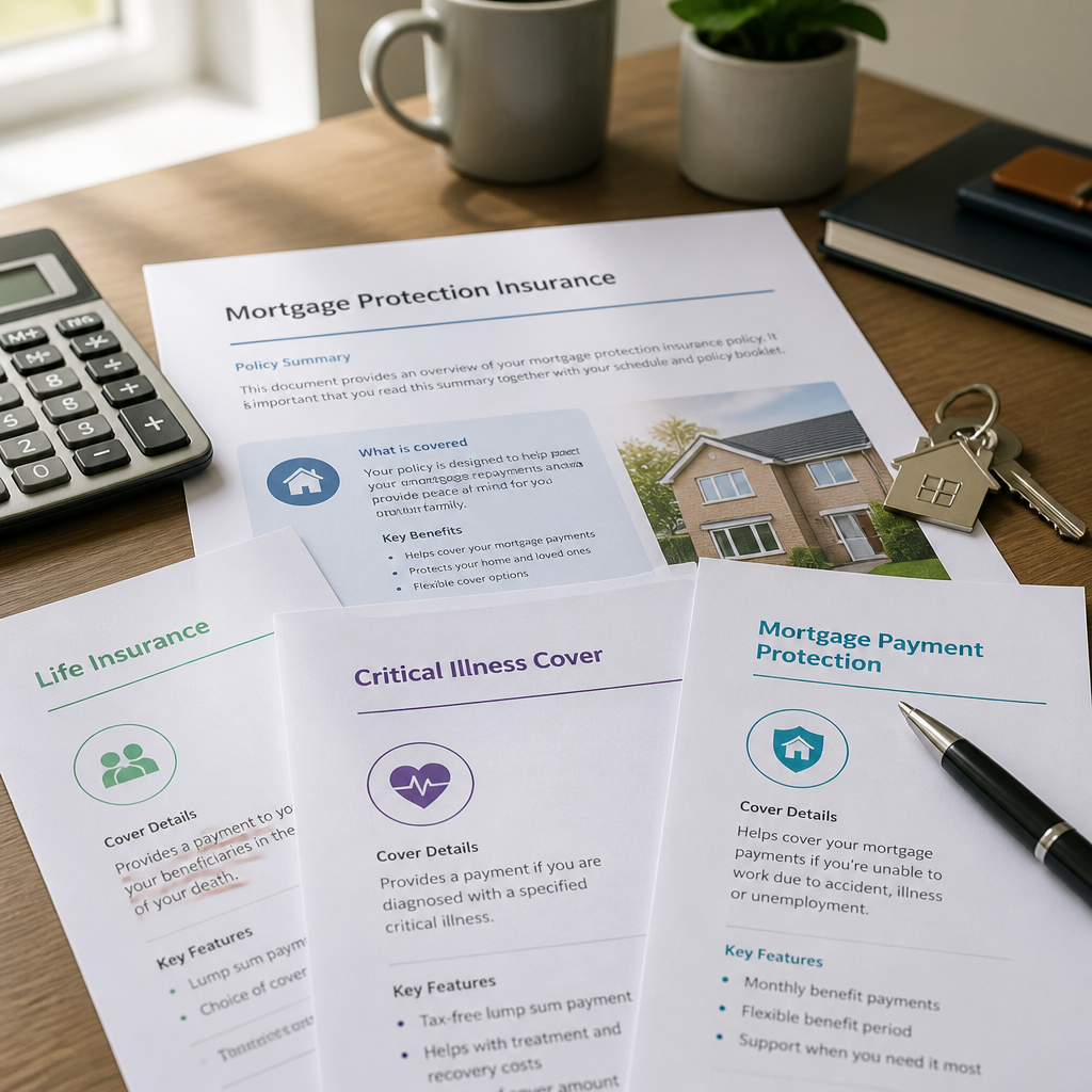 Mortgage protection insurance policy documents and key financial planning materials on a desk