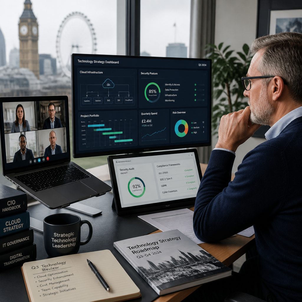 Senior IT executive reviewing cloud infrastructure and compliance dashboards remotely, representing fractional CIO leadership