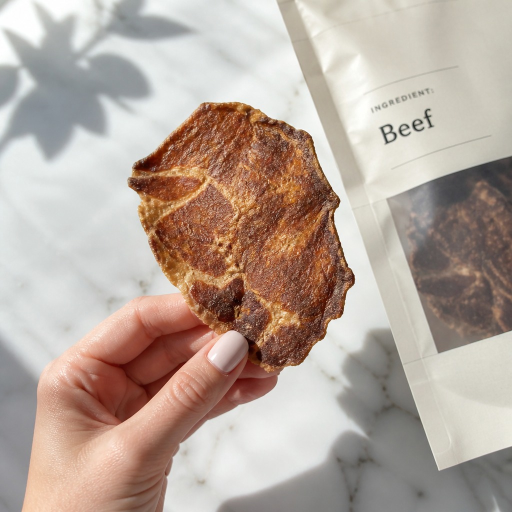 Single beef dog treat chip with transparent ingredient label
