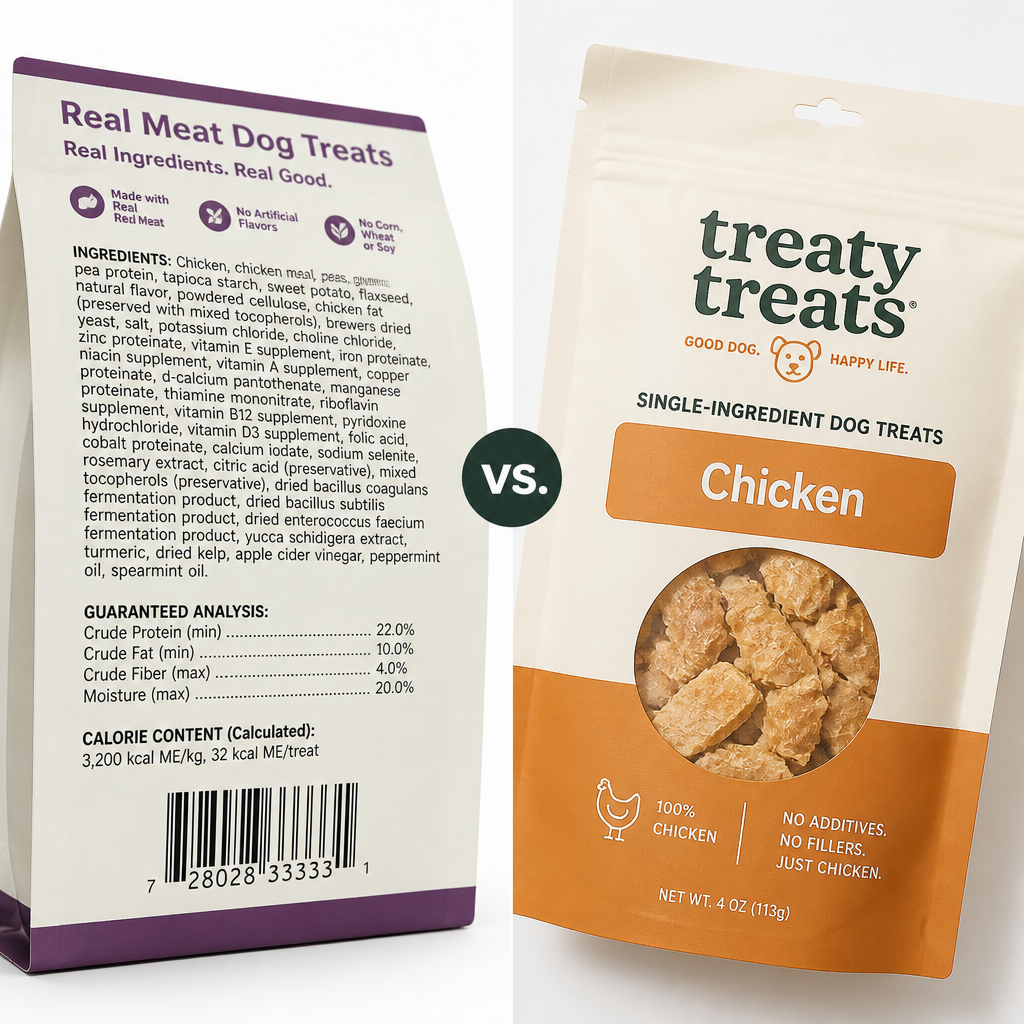 Ingredient list comparison showing cluttered vs. minimal dog treat packaging