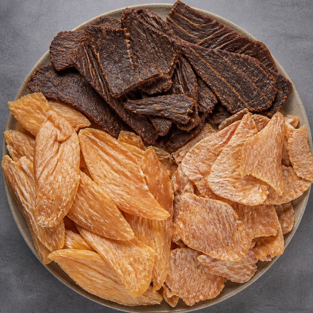 Three varieties of natural air-dried dog treats arranged in a close-up composition