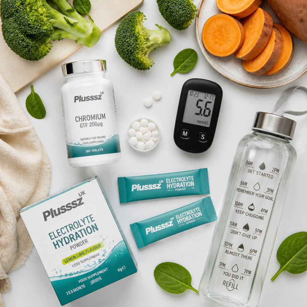 Plusssz UK chromium supplement tablets and electrolyte products displayed with vegetables and blood glucose meter