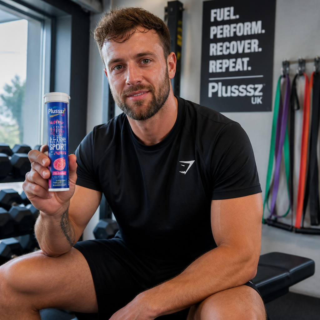 Active adult with Plusssz UK chromium and electrolyte supplement drink during gym workout