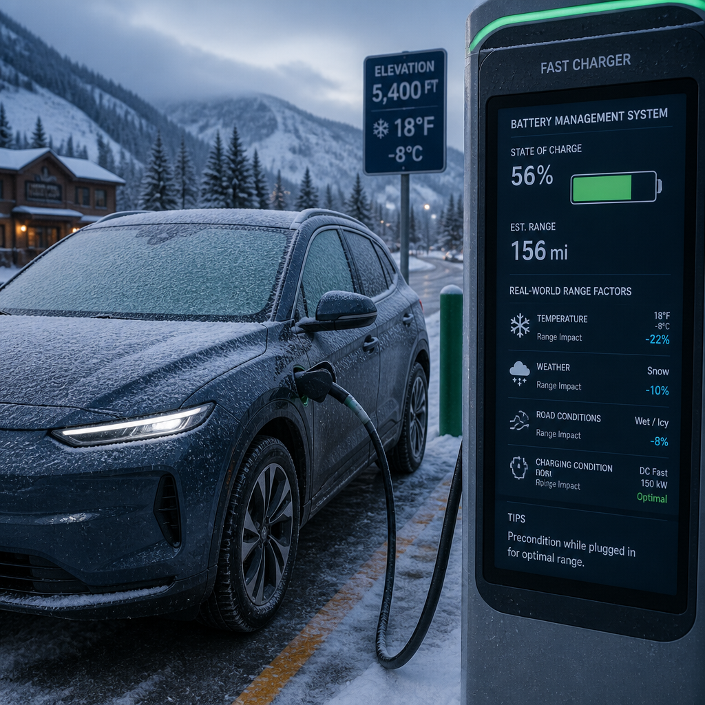 Electric vehicle at charging station in winter conditions, depicting environmental factors affecting real-world range