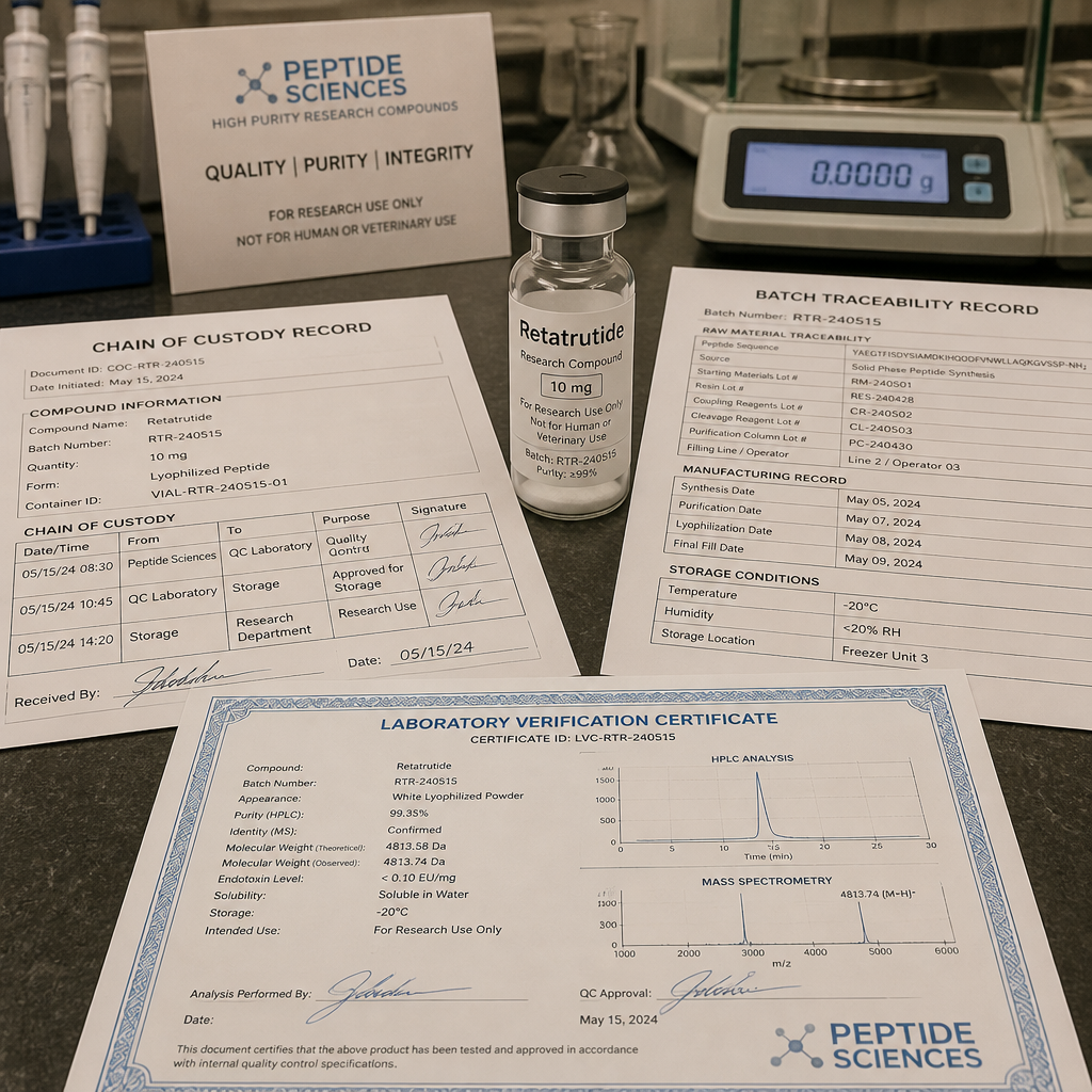 Chain of Custody documentation and batch verification materials for research-grade Retatrutide peptide compound