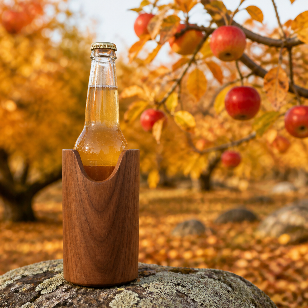 Eco-friendly wooden can insulator holding a cider bottle in a Vermont apple orchard during autumn
