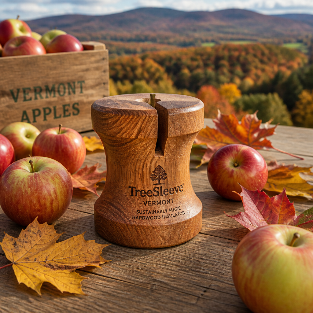 Vermont-crafted wooden can sleeve displayed with apples and fall foliage on an outdoor tailgate setup