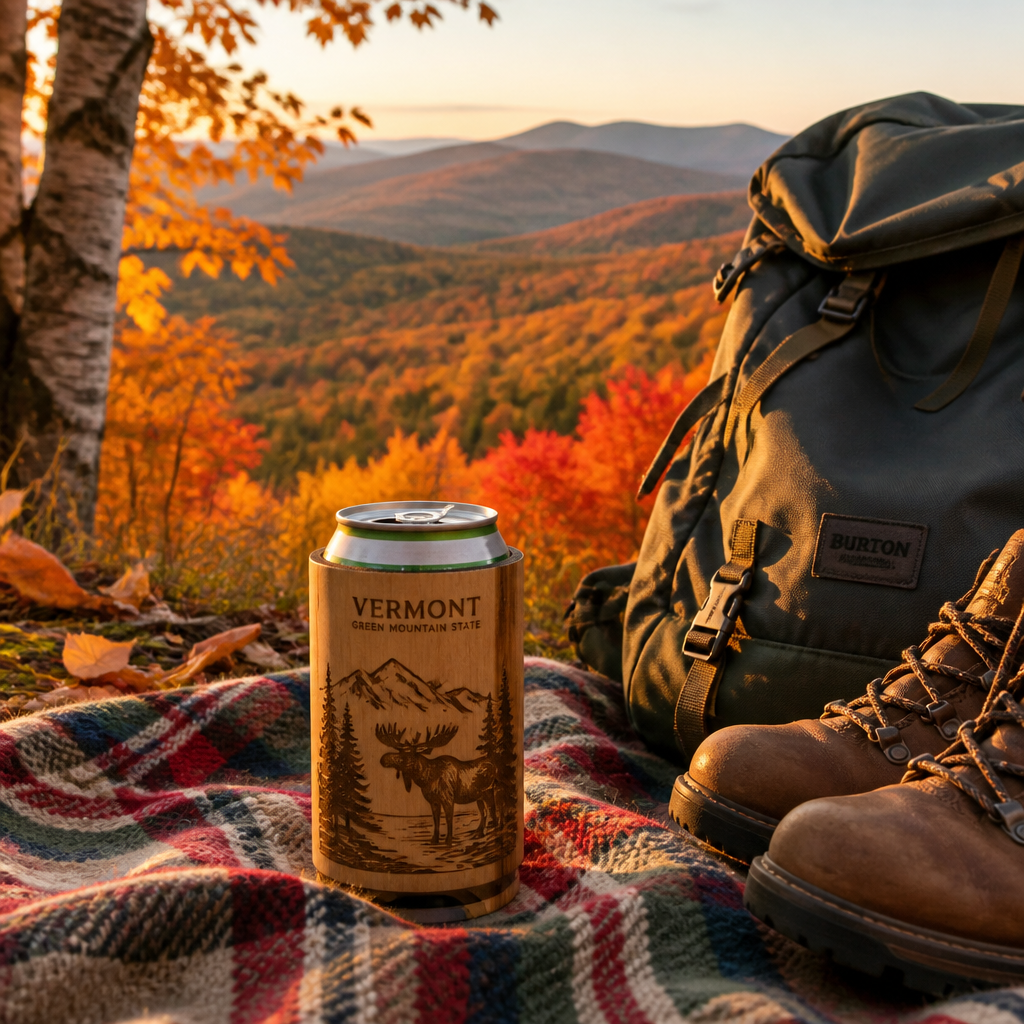 Decorative hardwood can insulator at a mountaintop picnic spot surrounded by Vermont's autumn landscape