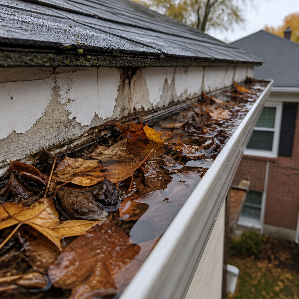Clogged eavestrough filled with leaves and water backup on a Hamilton residential home