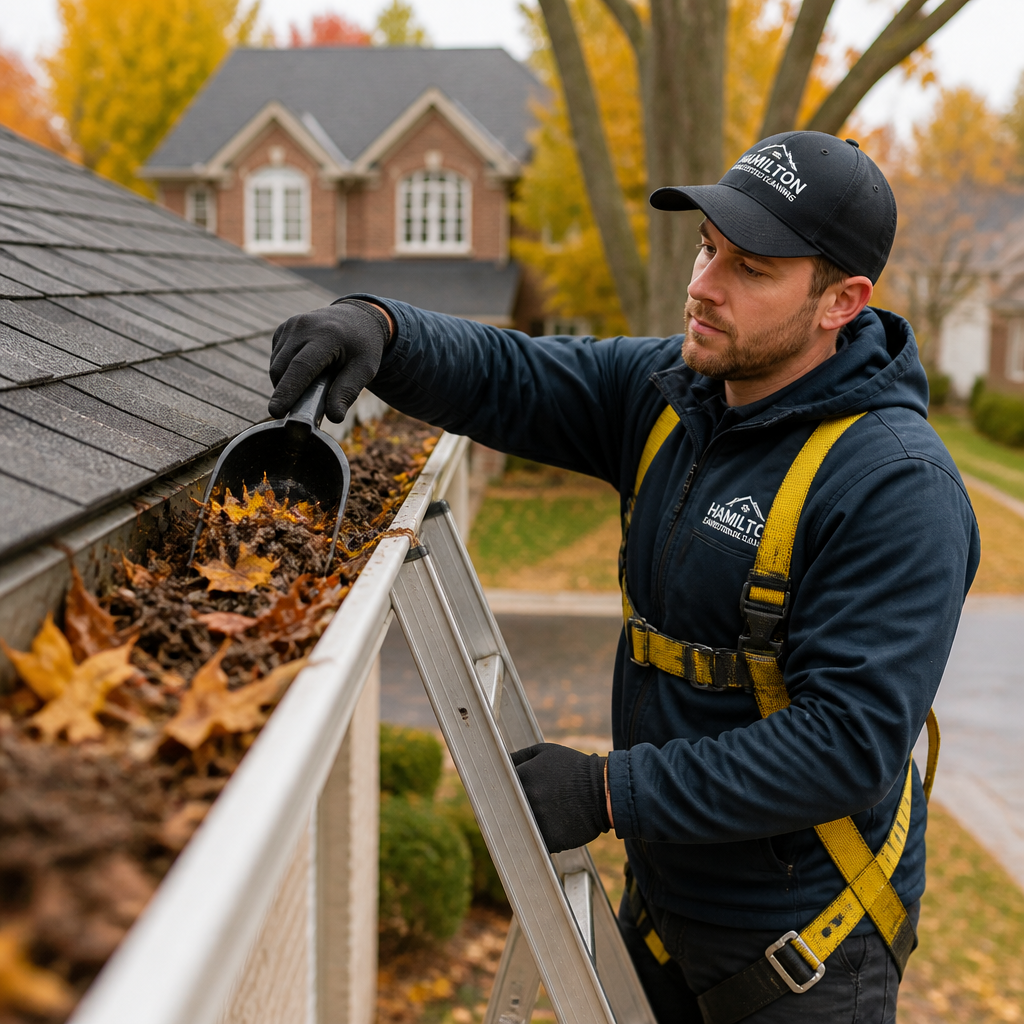 Professional eavestrough cleaning in progress on a Hamilton residential property