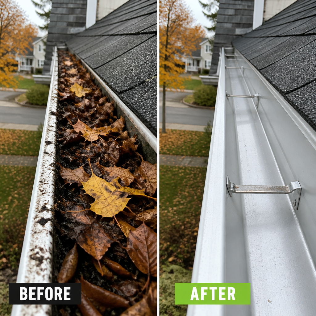 Before and after comparison of eavestrough cleaning on a Hamilton home