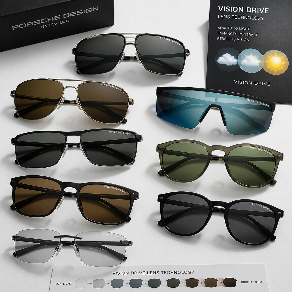 Porsche Design sunglasses collection displaying various frame styles and Vision Drive lens technology