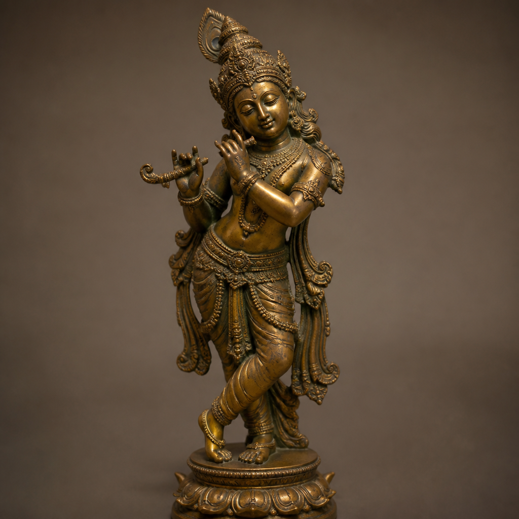 Brass Krishna statue in Venugopala form, displaying tribhanga pose and flute gesture