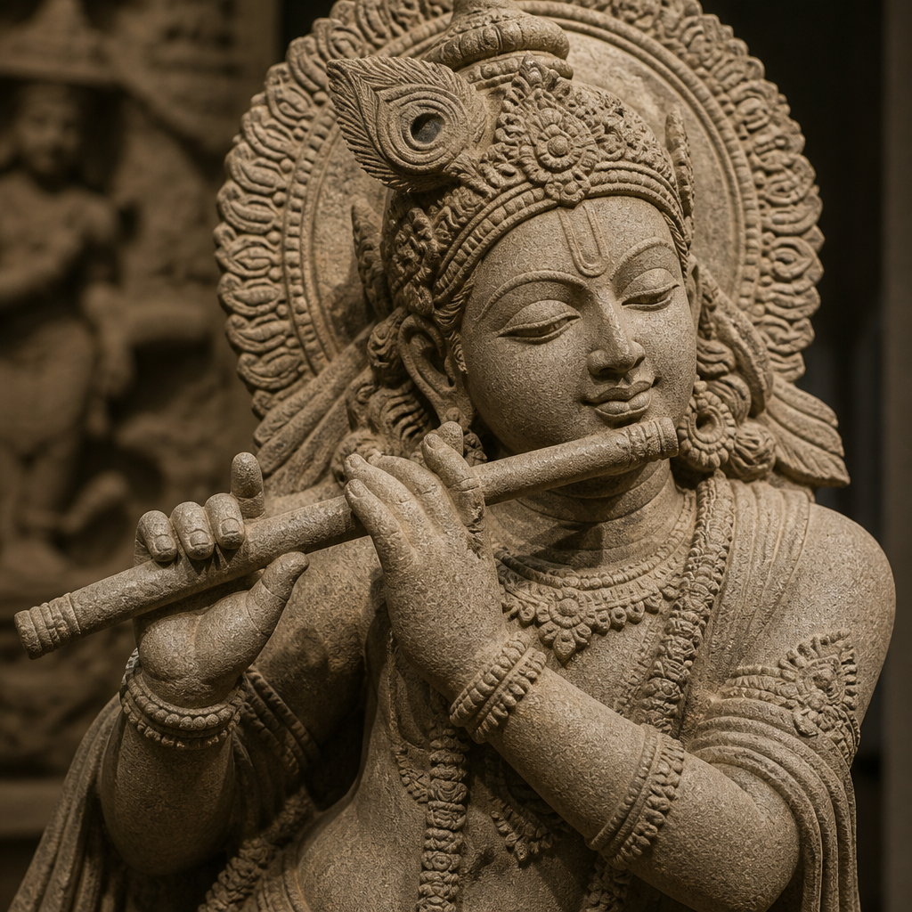 Close-up of carved stone Krishna statue showing crown, ornaments, and hand mudras