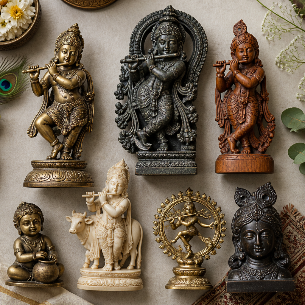 Collection of Krishna statues in varied materials and regional artistic styles