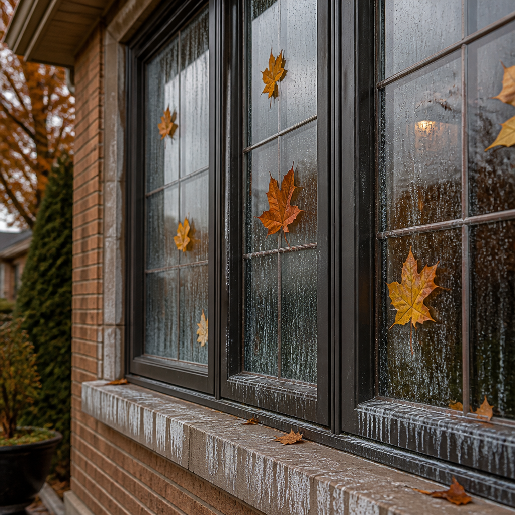 Oakville home windows with autumn debris and mineral deposits requiring fall cleaning