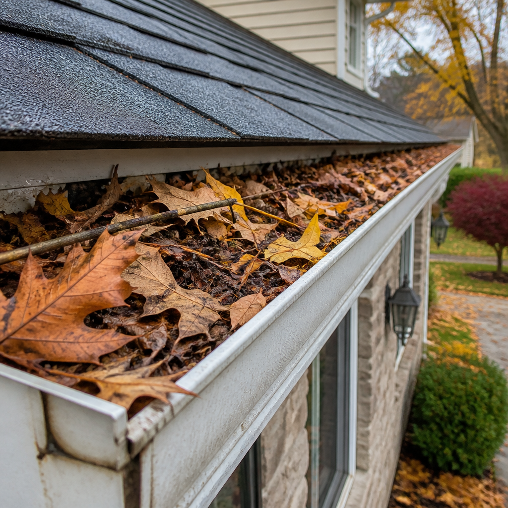 Clogged residential gutter with fall leaves and debris in Oakville home