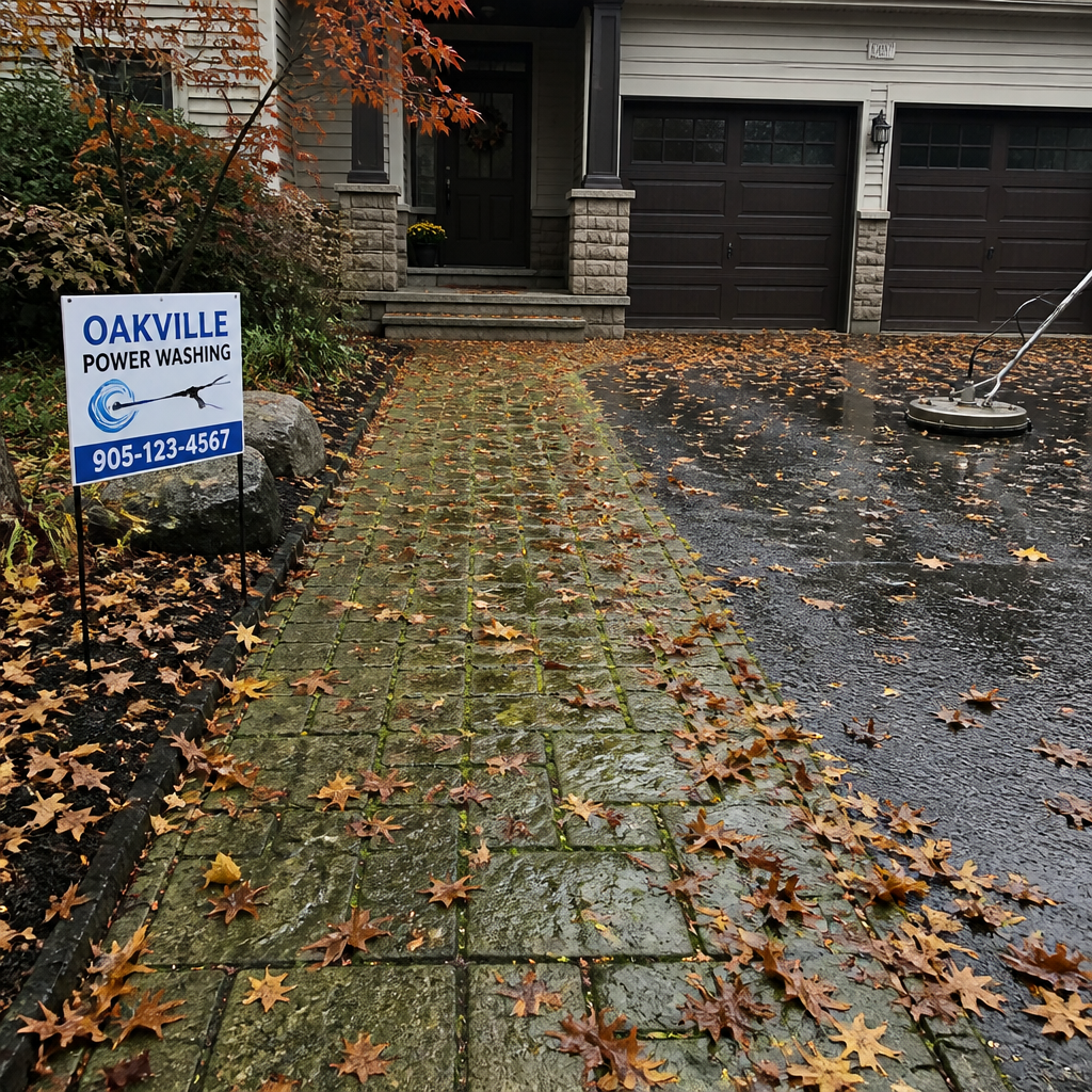 Oakville residential driveway and walkway with fall debris before professional power washing