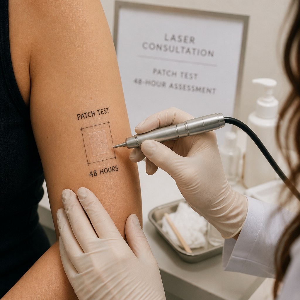 Patch test application on skin during laser consultation assessment