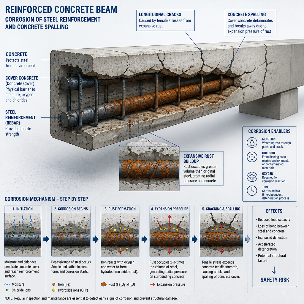 Schéma technique montrant la corrosion interne des armatures d'acier causant l'éclatement du béton armé