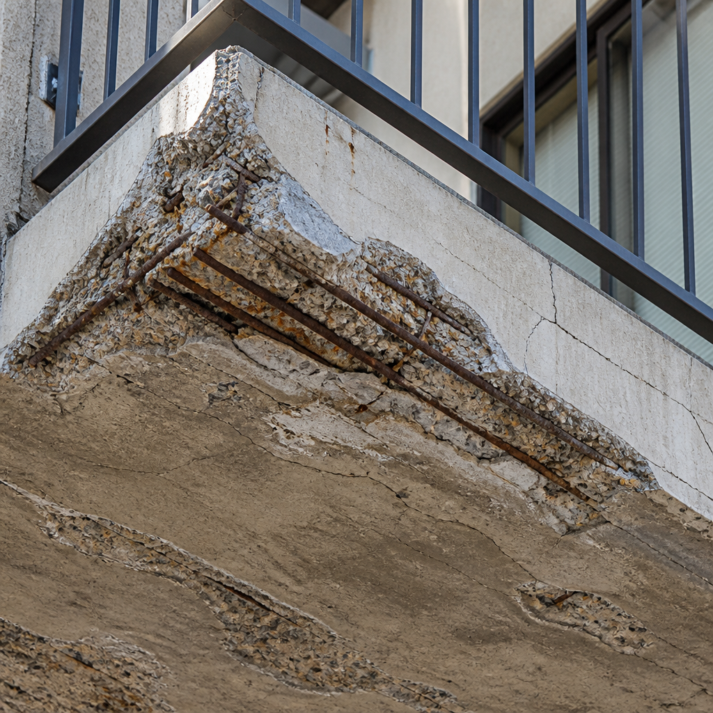Balcon en béton armé dégradé avec aciers rouillés exposés et fissures structurelles