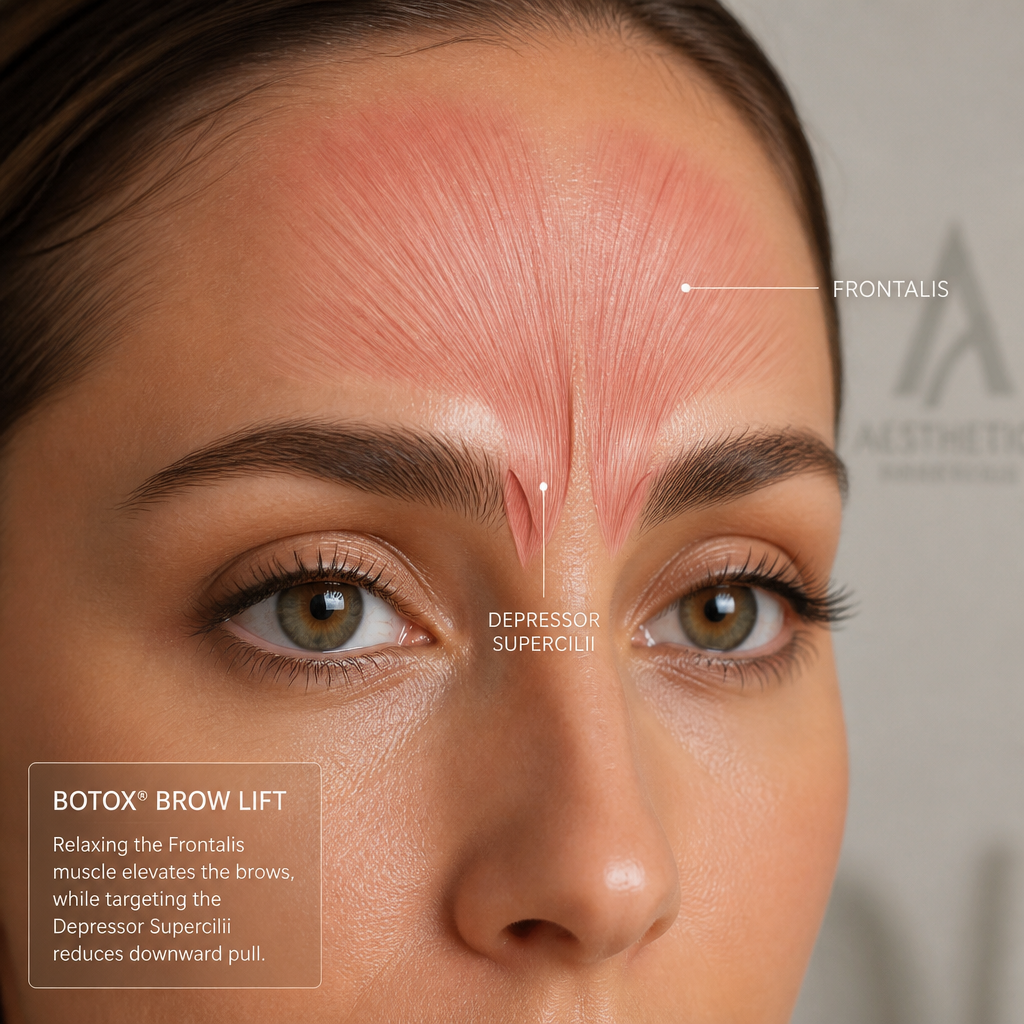 Anatomical detail of brow and eye area showing muscles used in Botox brow lift treatment
