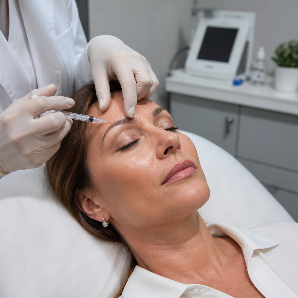 Close-up of Botox injection technique during a non-surgical brow lift treatment