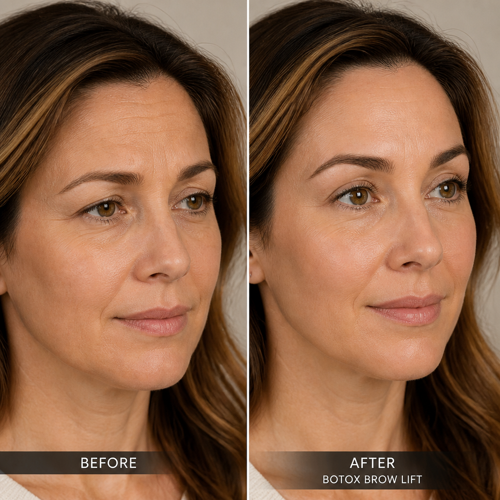 Before and after results of non-surgical Botox brow lift showing improved eye opening and brow elevation