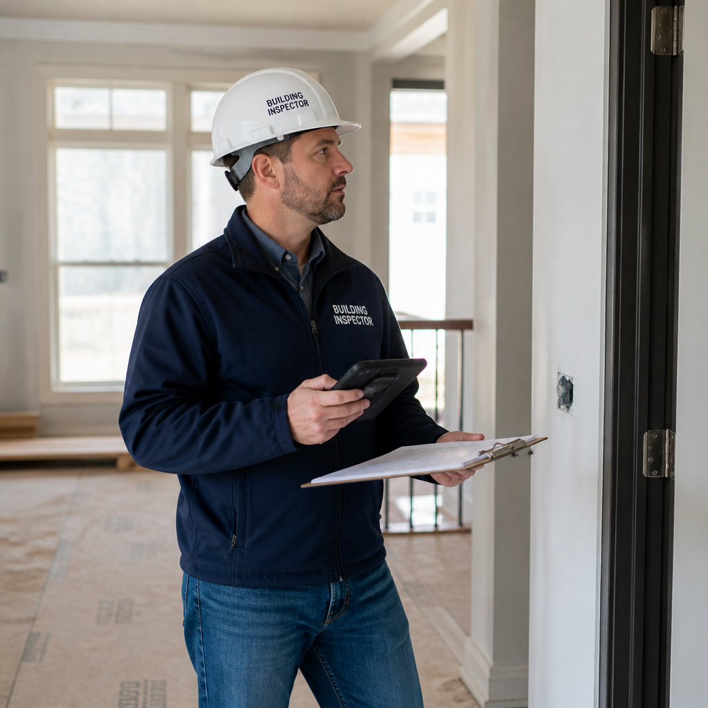 Licensed building inspector performing quality assurance inspection of residential construction interior