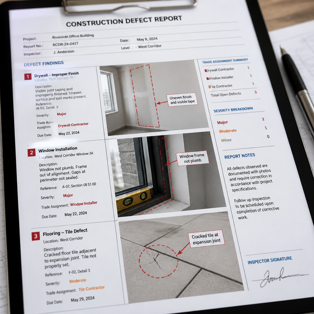 Quality assurance building inspection report with annotated defect photos and trade assignments