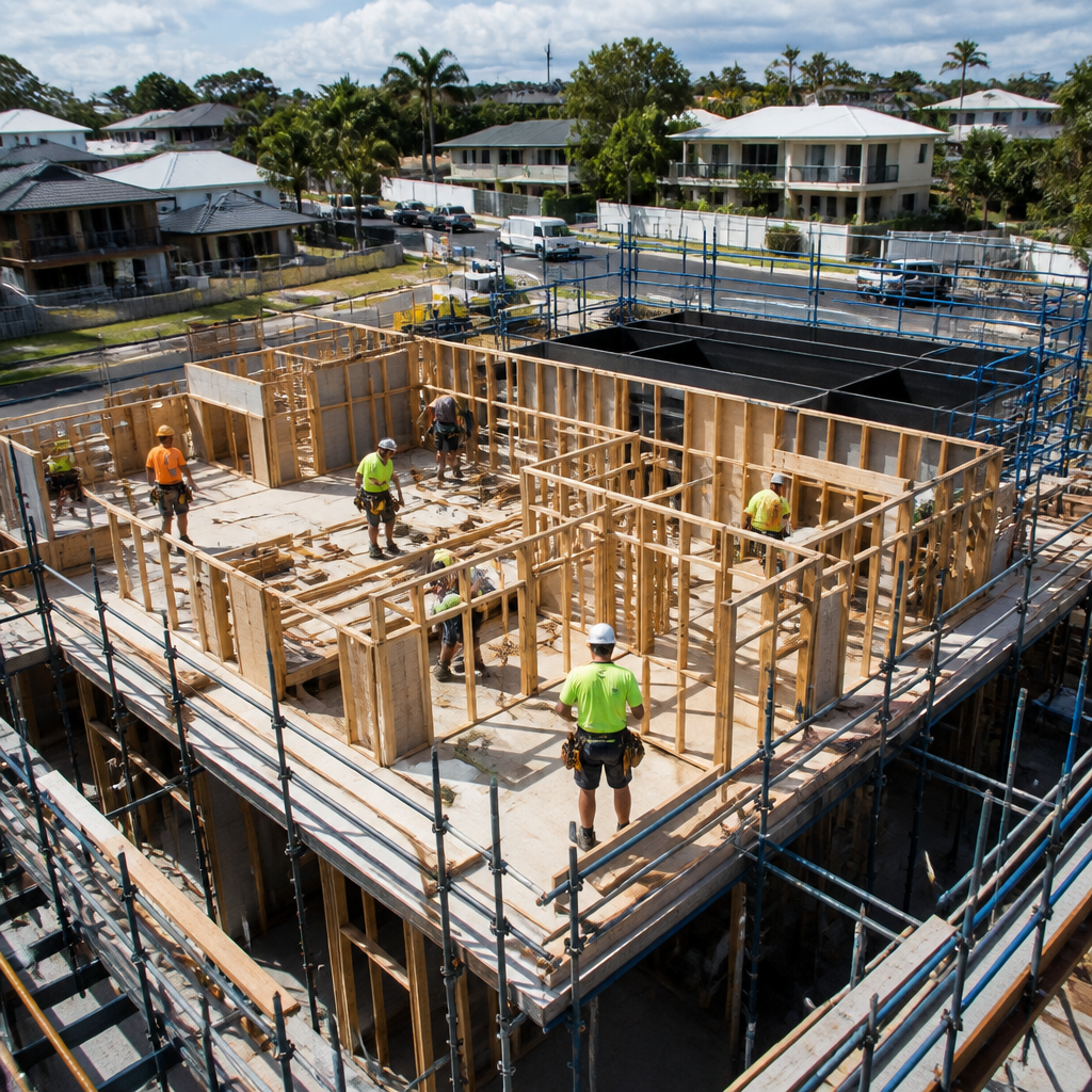 Multi-trade residential construction site during quality assurance inspection phase