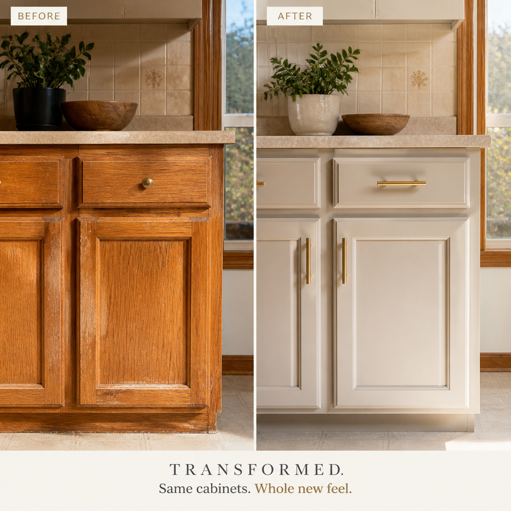 Before and after kitchen cabinet painting transformation showing aged cabinets restored with professional finish
