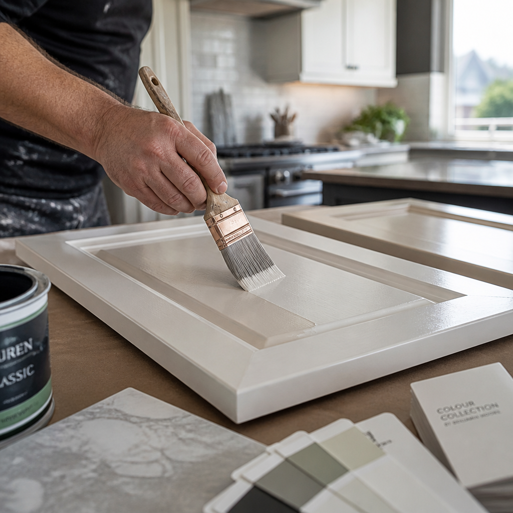 Professional painter applying cabinet refinishing finish with precision and skill