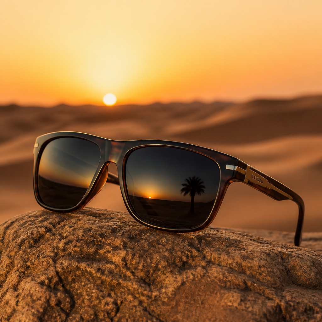 Premium designer sunglasses with UV400 lenses displayed against golden desert dunes at sunset