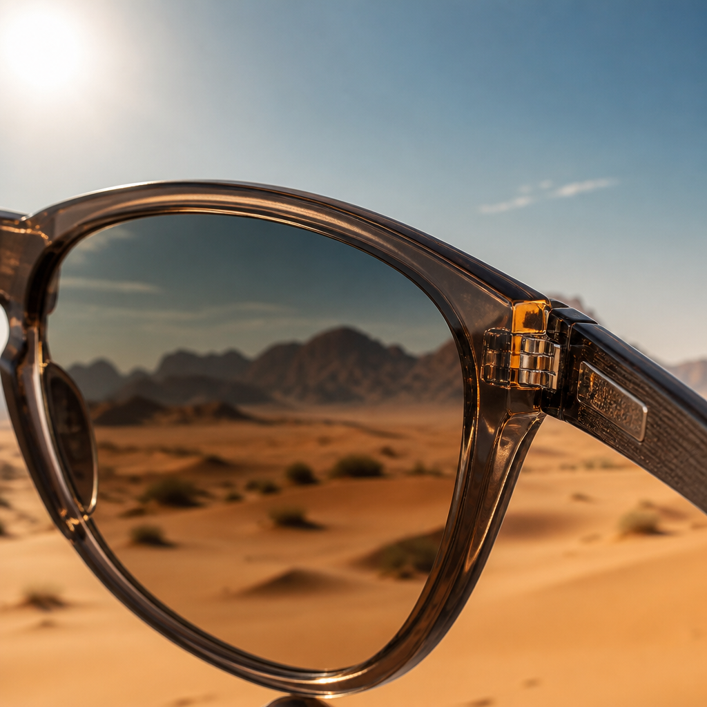 Luxury eyewear frame detail showcasing lens quality and anti-glare coating in desert sunlight