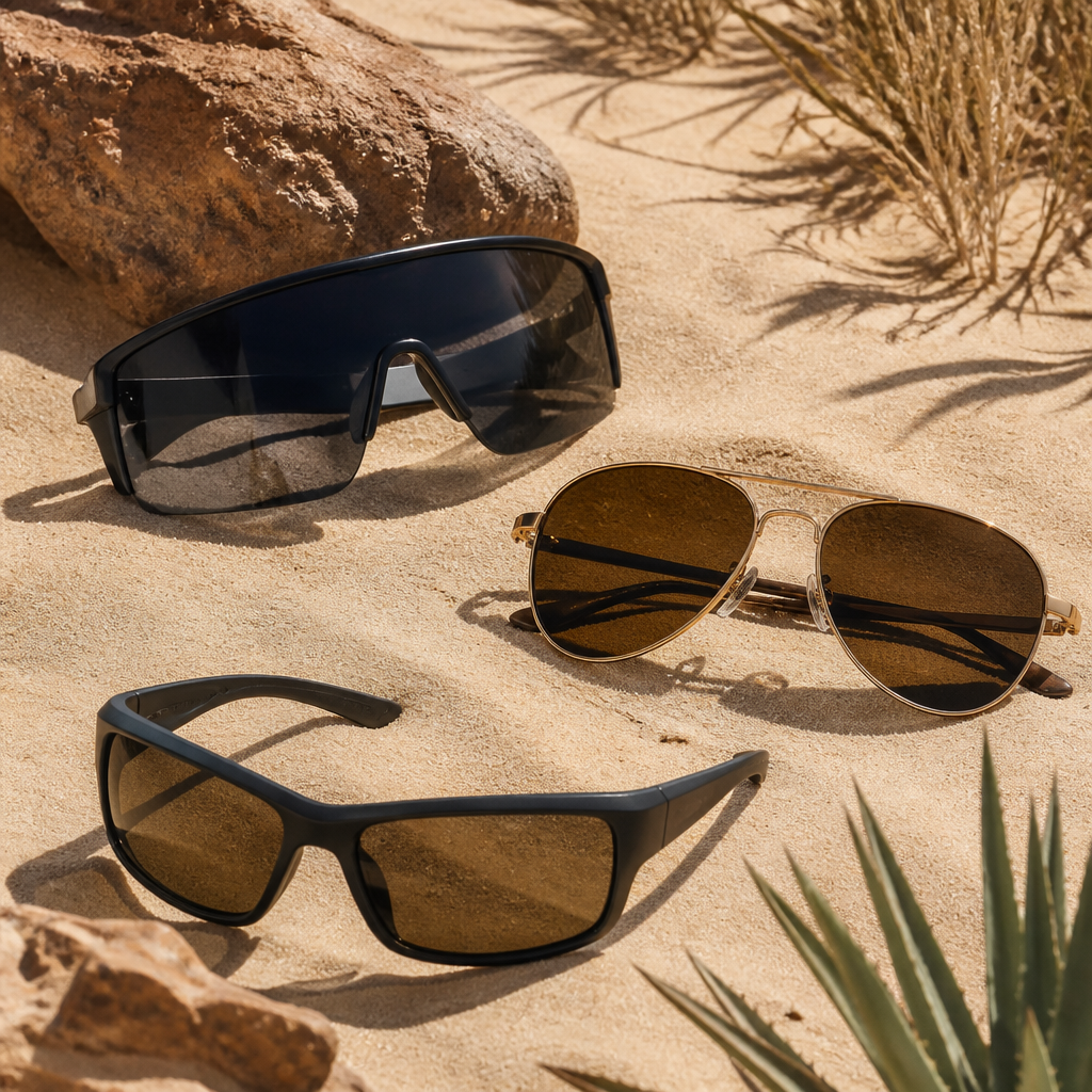 Three designer sunglasses styles arranged on desert sand, representing variety of frames for safari protection