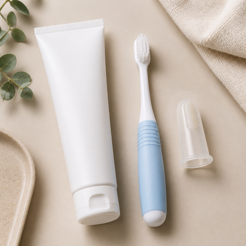Silicone fingertip toothbrush being demonstrated by a healthcare professional