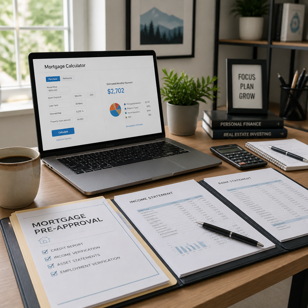 Self-employed professional reviewing mortgage documents and financial plans at a desk with laptop and calculator