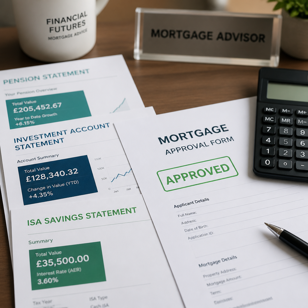 Mortgage repayment vehicle documentation including pensions, investments, and savings statements arranged on an advisor's desk