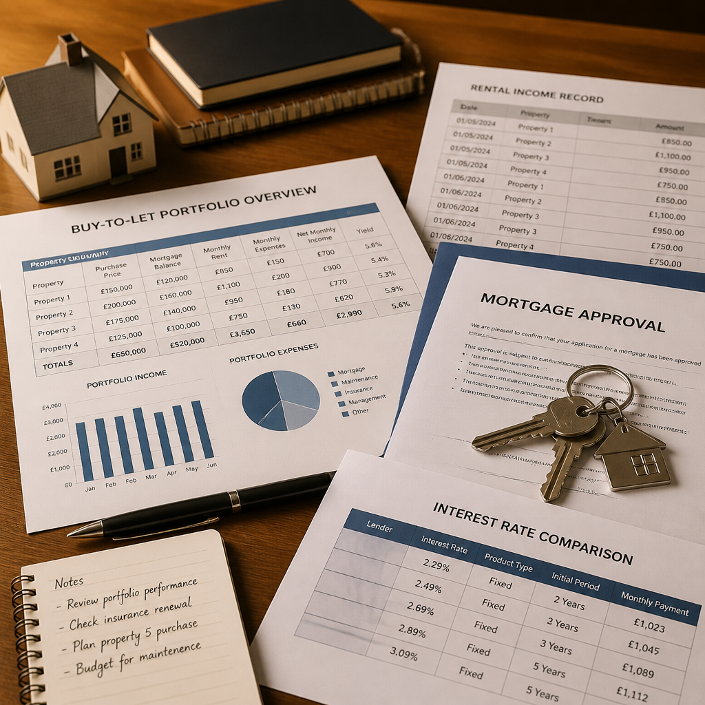 Buy-to-let investment documentation with property keys, rental income records, and mortgage approval materials on a professional desk